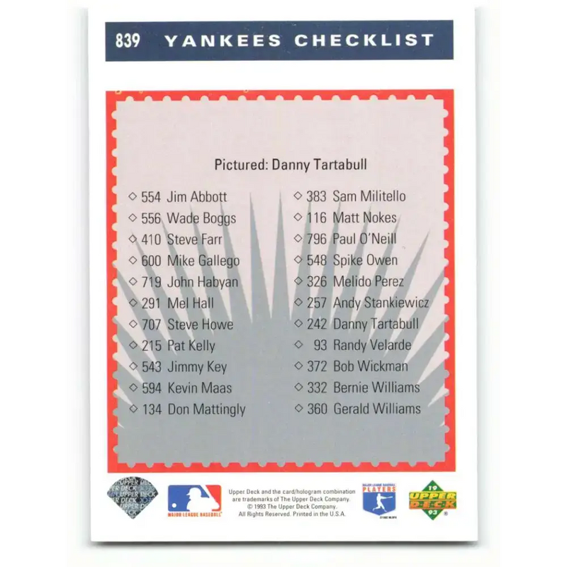1993 Upper Deck #839 Danny Tartabull TC VG New York Yankees Baseball Card - Baseball Card Single