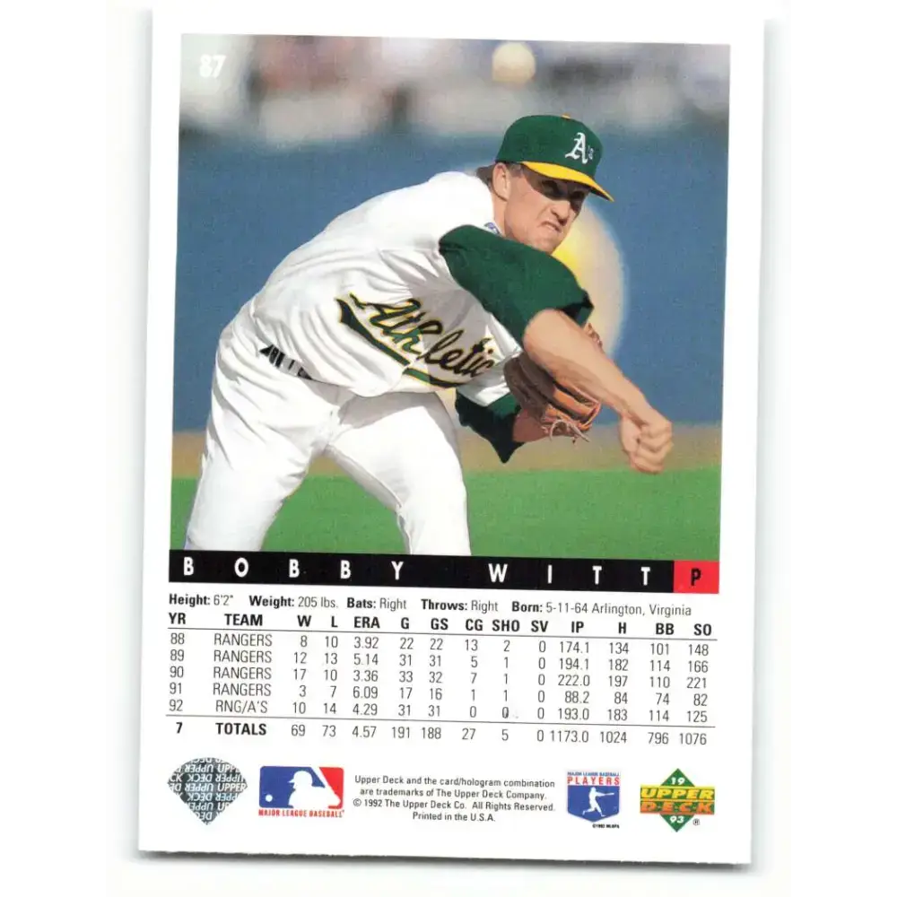 1993 Upper Deck #87 Bobby Witt VG Oakland Athletics Baseball Card - Baseball Card Single