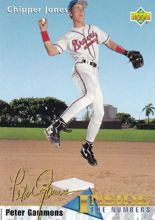 Baseball player in jump wearing Braves uniform, featured on 1993 Upper Deck Chipper Jones rookie
