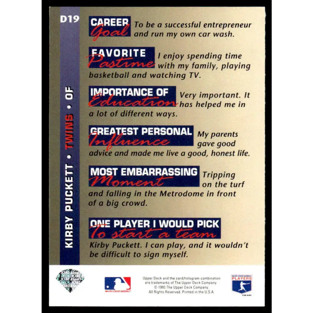 1993 Upper Deck #D19 Kirby Puckett EX/NM Minnesota Twins Baseball Card - Baseball Card Single