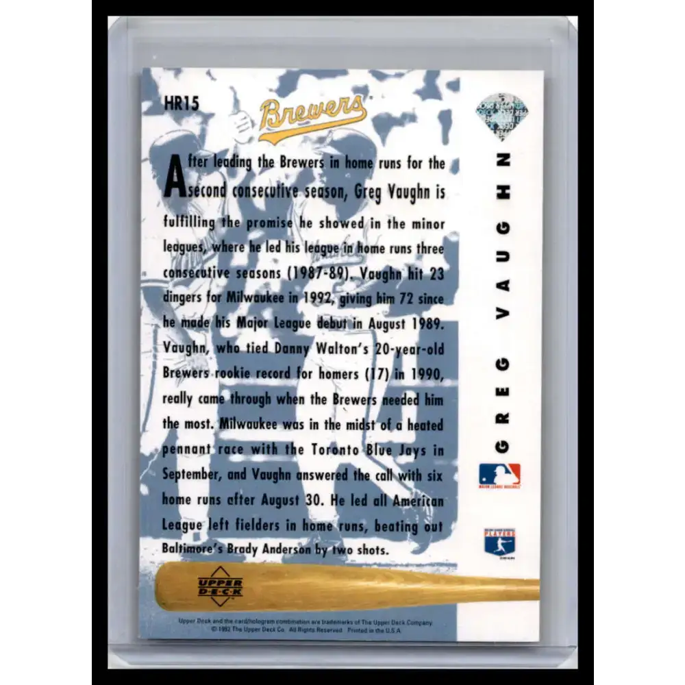 1993 Upper Deck #HR15 Greg Vaughn NM-MT Milwaukee Brewers Baseball Card - Baseball Card Single
