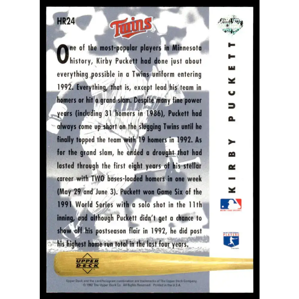 1993 Upper Deck #HR24 Kirby Puckett EX/NM Minnesota Twins Baseball Card - Baseball Card Single