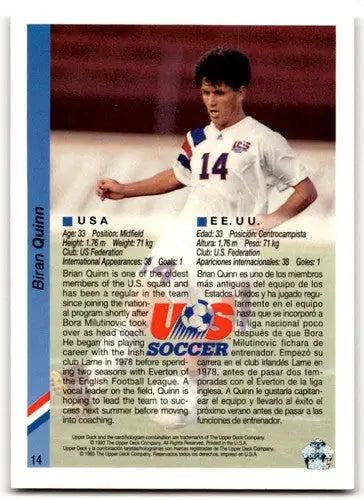 Original gloss Soccer trading card from 1993 Upper Deck World Cup Preview featuring Brian Quinn