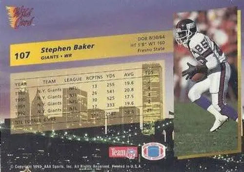 1993 Wild Card Stephen Baker football card with original gloss NY Giants Near Mint
