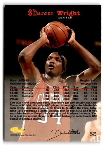 Original gloss Sharone Wright basketball card from 1994-95 Classic series