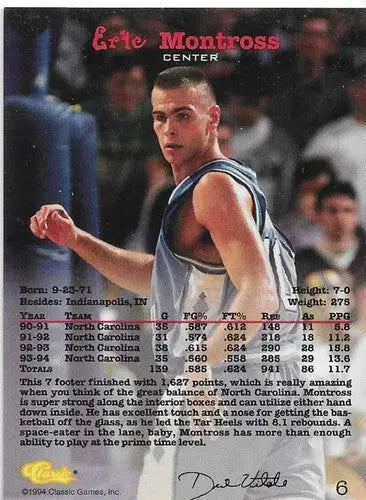 Original gloss Eric Montross basketball card from 1994-95 Classic #6 NM-MT