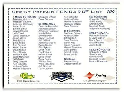 Sprint prepaid phone card list featured in 1994-95 Classic Assets Steve Young trading card
