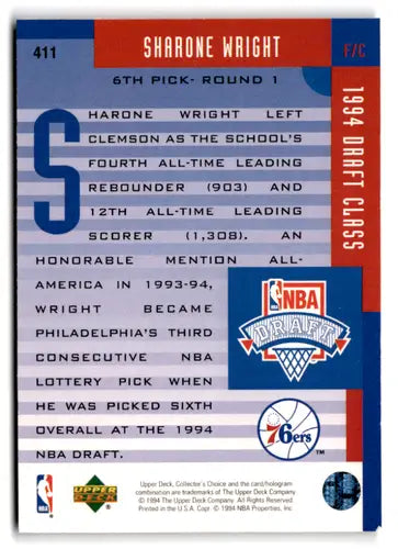 Sharone Wright basketball card from 1994-95 Collector’s Choice Silver Signature original gloss