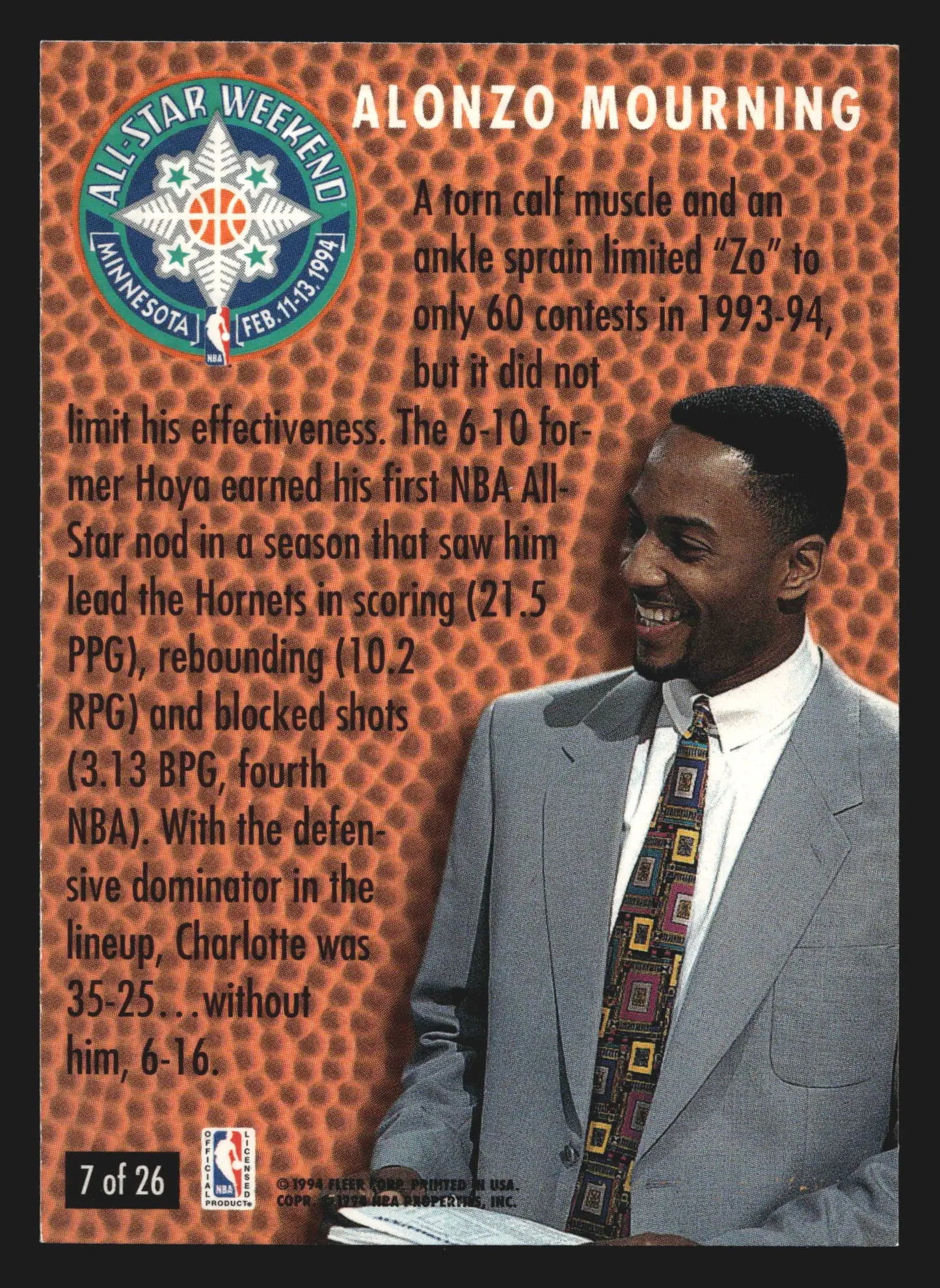 1994-95 Fleer All-Star Weekend #7 Alonzo Mourning Charlotte Hornets HOF