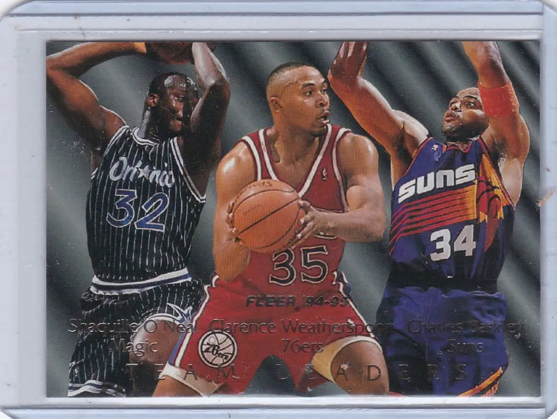 Basketball trading card featuring O’Neal, Weatherspoon, and Barkley from 1994-95 Fleer Leaders