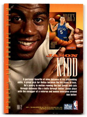 Magic Johnson holding a Jason Kidd hoops magic’s 1994-95 Hoops All Rookies card