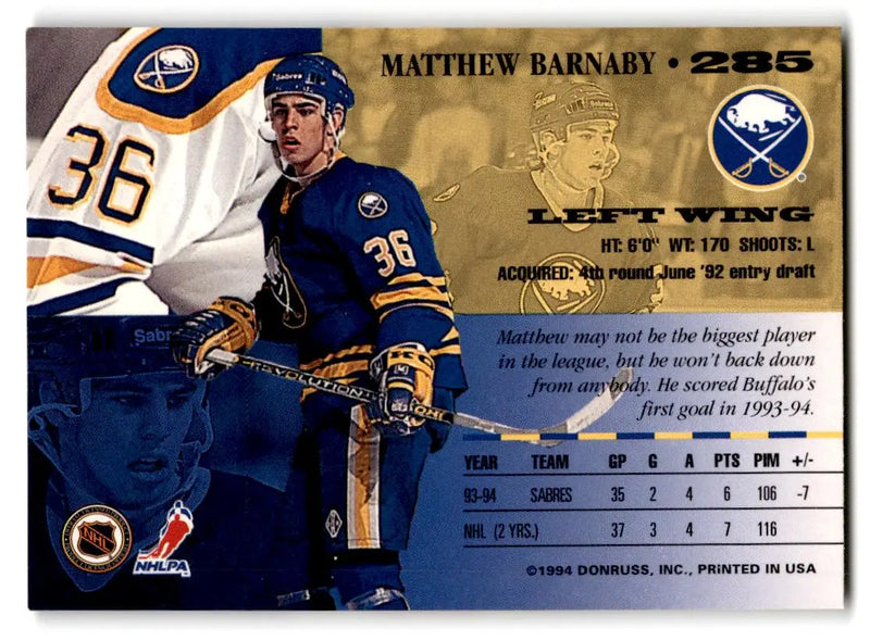1994-95 Leaf #285 Matthew Barnaby - Hockey Card Single