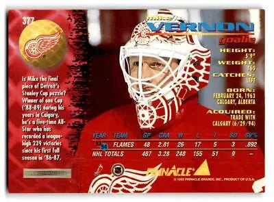 1994-95 Pinnacle #377 Mike Vernon trading card featuring a hockey player design