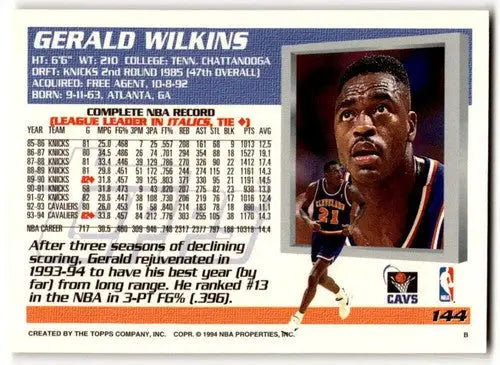 Original gloss Gerald Wilkins basketball card from 1994-95 Topps featuring Simply Sandoval
