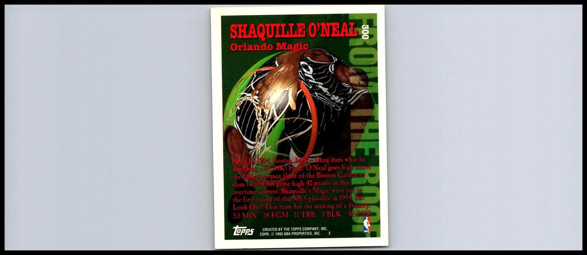 1994-95 Topps #300 Shaquille O’Neal trading card featuring NBA legend Shaquille O’Neal