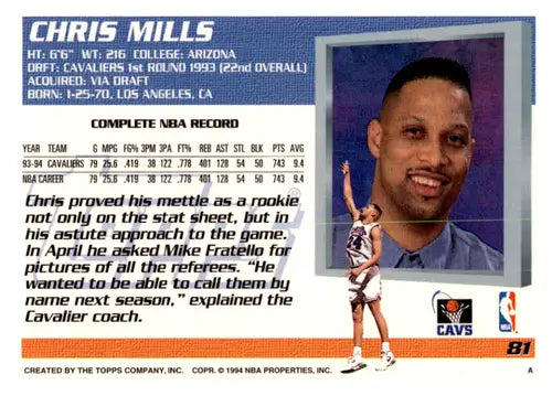 1994-95 Topps #81 Chris Mills NM Near Mint Cavaliers ID:45163 - Basketball Card Single