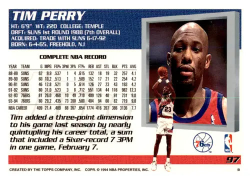 1994-95 Topps #97 Tim Perry NM Near Mint 76ers ID:45164 - Basketball Card Single