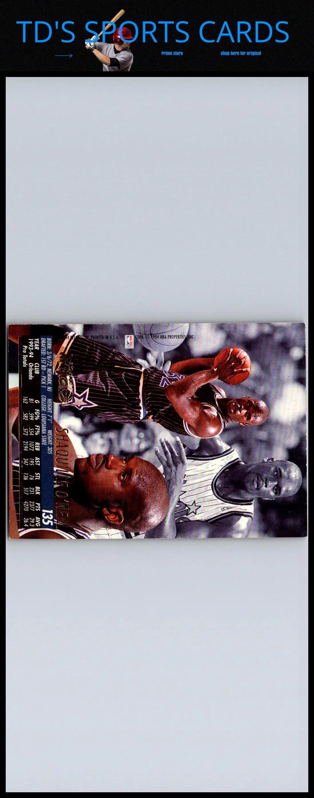 Shaquille O’Neal trading card from 1994-95 Ultra #135 basketball cards collectible