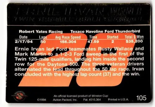 Original gloss racing card back featuring Ernie Irvan from 1994 Action Packed series