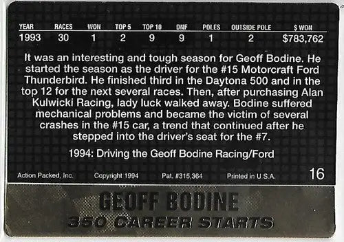 1994 Action Packed #16 Geoff Bodine NM-MT - Racing Card Single