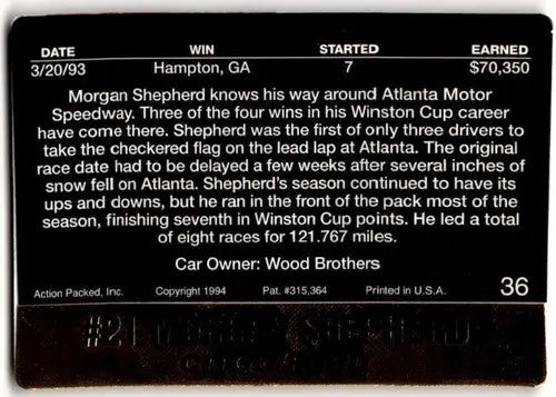 1994 Action Packed #36 Morgan Shepherd NM-MT ID:43609 - Racing Card Single