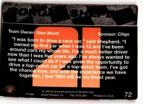 Original gloss Racing Card Back from 1994 Action Packed featuring Morgan Shepherd