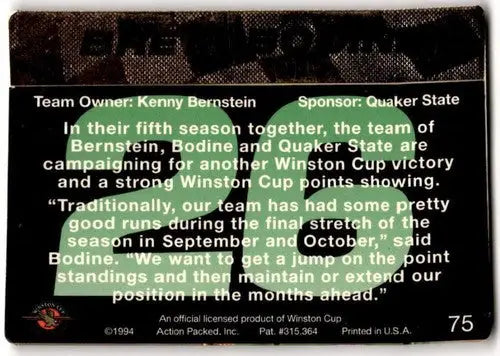 Trading card back with original gloss from 1994 Action Packed Brett Bodine series