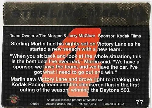 1994 Action Packed #77 Sterling Marlin NM-MT - Baseball Card Single