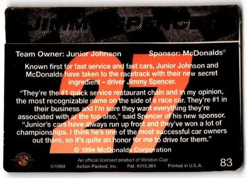 Trading card back of 1994 Action Packed Jimmy Spencer with original gloss ID43613