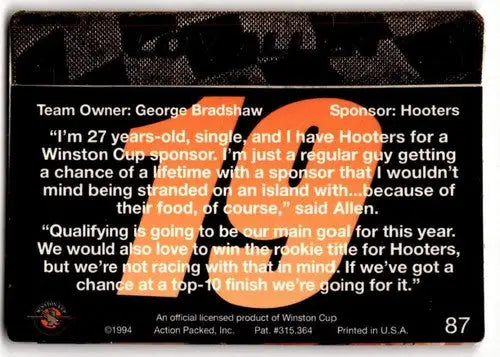 Original gloss racing card back from 1994 Action Packed Loy Allen Jr. collectible