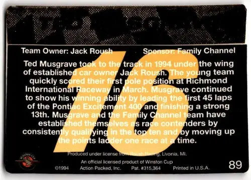 Original gloss 1994 Action Packed Ted Musgrave racing card front view