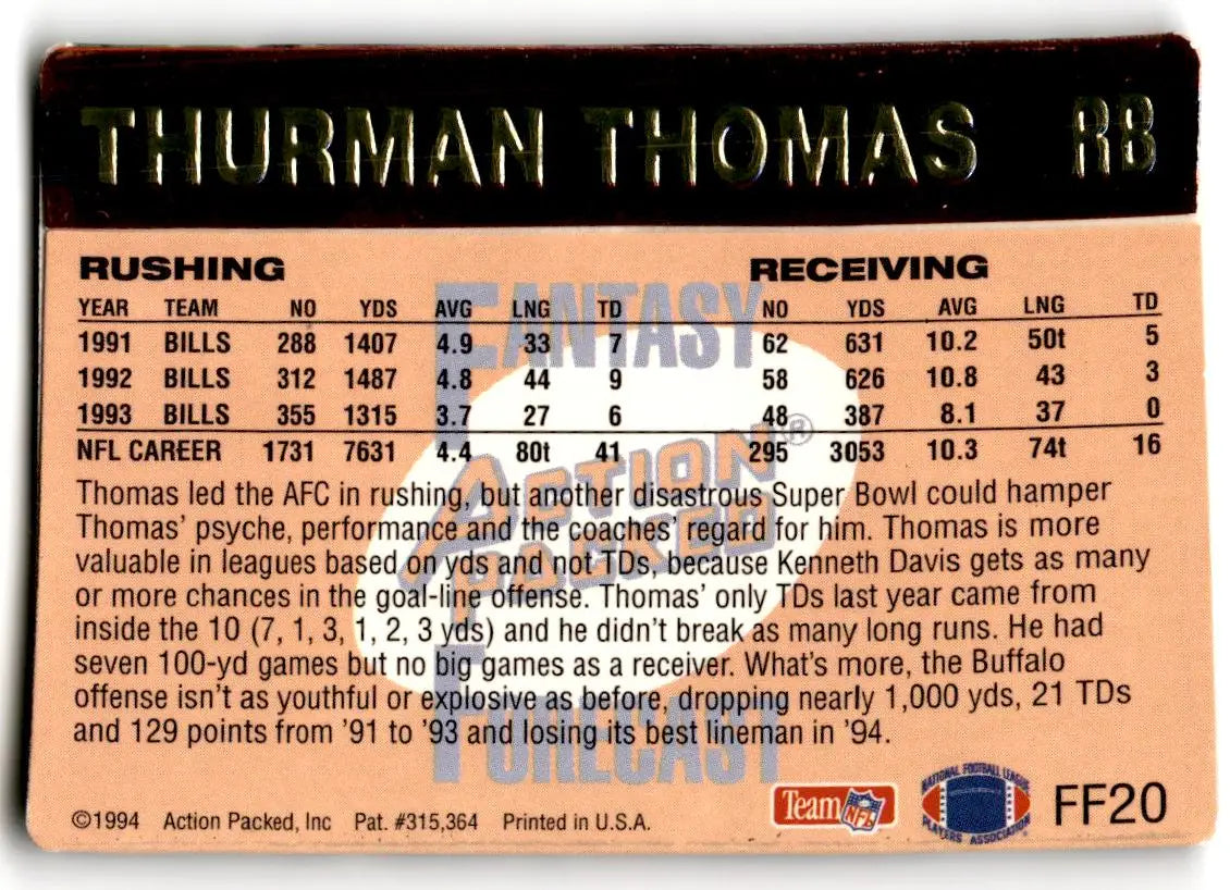 1994 Action Packed #FF20 Thurman Thomas Fantasy Forecast - Football Card Single