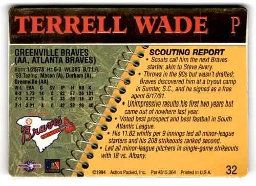 Original gloss 1994 Action Packed Minors Terrell Wade baseball card NM-MT