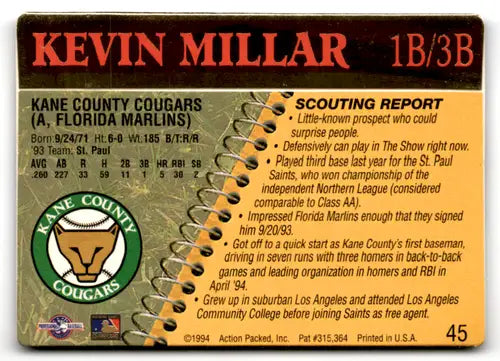 Baseball card of Kevin Millar from 1994 Action Packed Minors with scouting report and stats