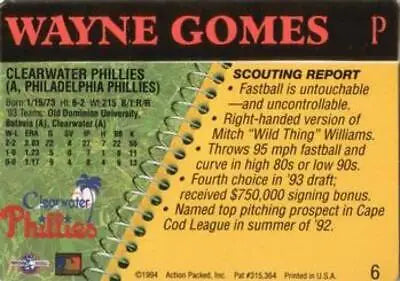 Wayne Gomes 1994 Action Packed Minors baseball card in original gloss, NM condition