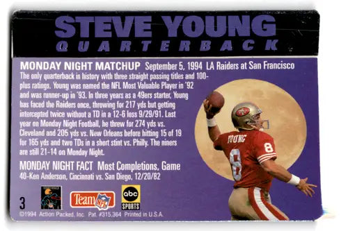 1994 Action Packed Monday Night Football #3 Steve Young NM Near Mint 49 ID:67946 - Football Card Single