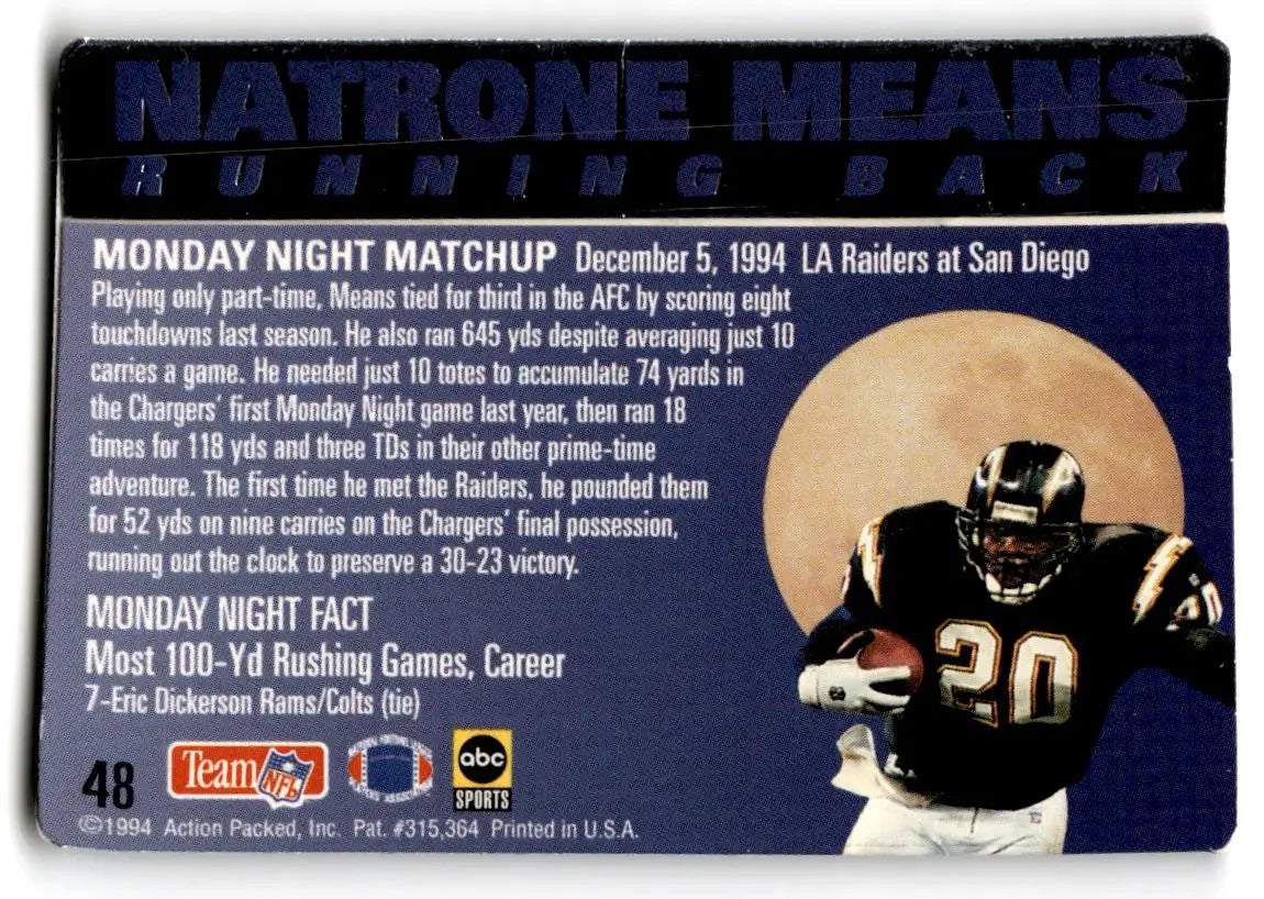 1994 Action Packed Monday Night Football #48 Natrone Means - Football Card Single