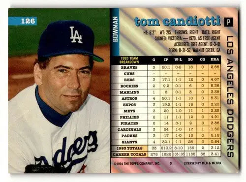 1994 Bowman #126 Tom Candiotti Los Angeles Dodgers Baseball Cards EX ID:59591 - Baseball Card Single