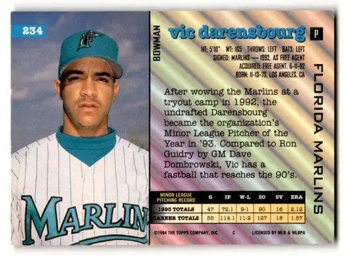 Original gloss Vic Darensbourg Florida Marlins baseball card from 1994 Bowman series