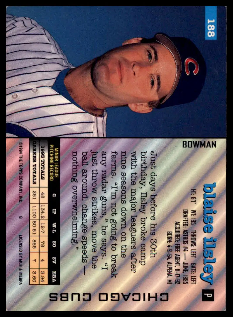 1994 Bowman Blaise Ilsley RC 188 Chicago Cubs LP - Baseball Card Single