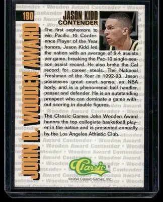1994 Classic 4 Sport Jason Kidd #190 Wooden Award Contender Basketball - Basketball Card Single
