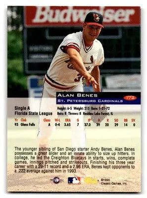 1994 Classic Baseball Alan Benes #172 St. Petersburg Cardinals - Baseball Card Single
