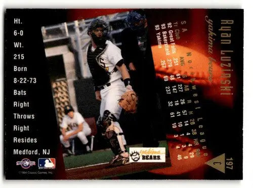 Baseball card back with original gloss for Ryan Luzinski Yakima Bears collectible