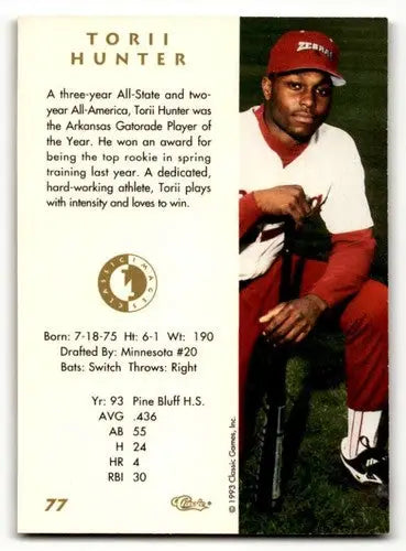 Torii Hunter Minnesota Twins baseball card from 1994 Classic Images #77
