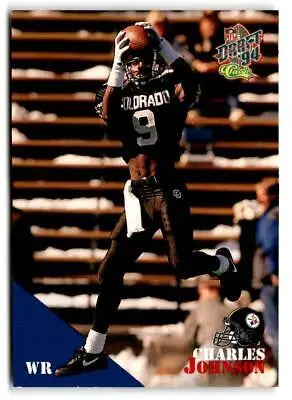Football player in black Colorado #9 jersey making a catch, Classic NFL Draft Charles Johnson