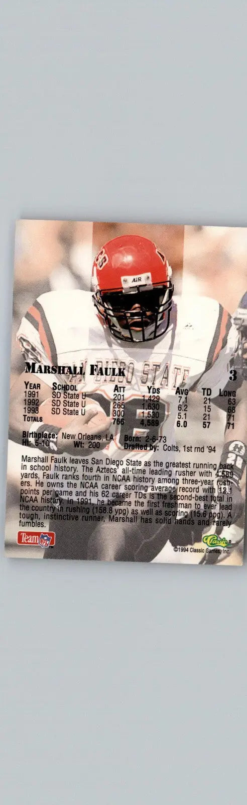 1994 Classic NFL Draft #3 Marshall Faulk Indianapolis Colts - Football Card Single