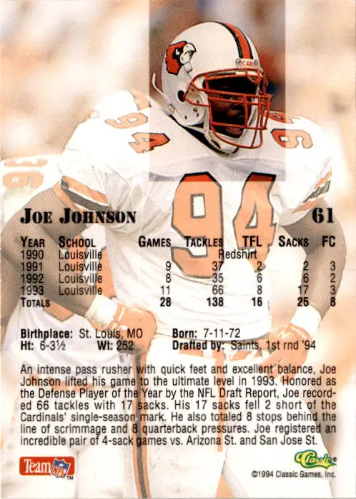 1994 Classic NFL Draft #61 Joe Johnson - Football Card Single
