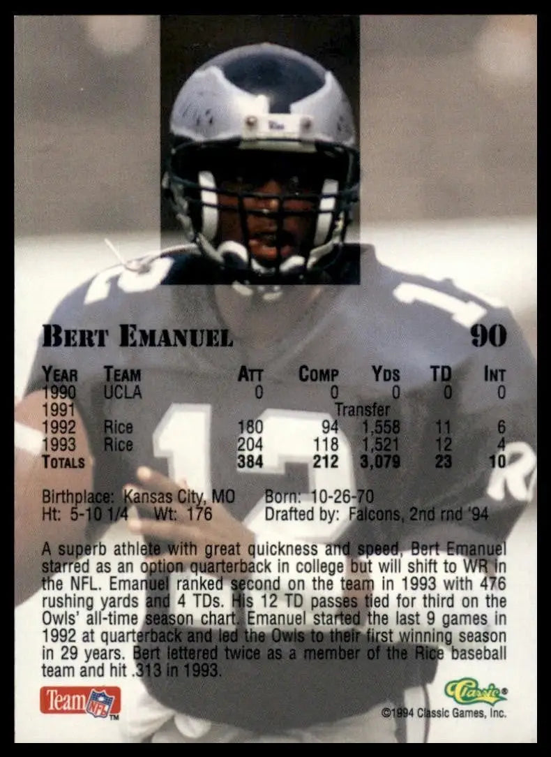 1994 Classic NFL Draft Gold Bert Emanuel #90 Rookie Philadelphia Eagles Football - Football Card Single