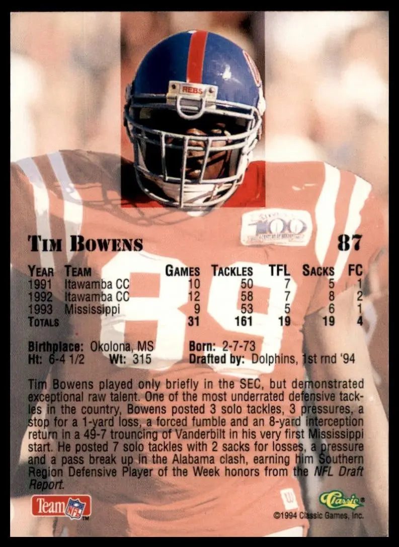 1994 Classic NFL Draft Tim Bowens #87 Rookie Miami Dolphins Football Card NFL - Football Card Single