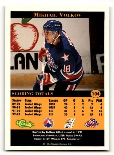 1994 Classic Pro Prospects #104 Mikhail Volkov Rochester Americans H ID:55511 - Hockey Card Single